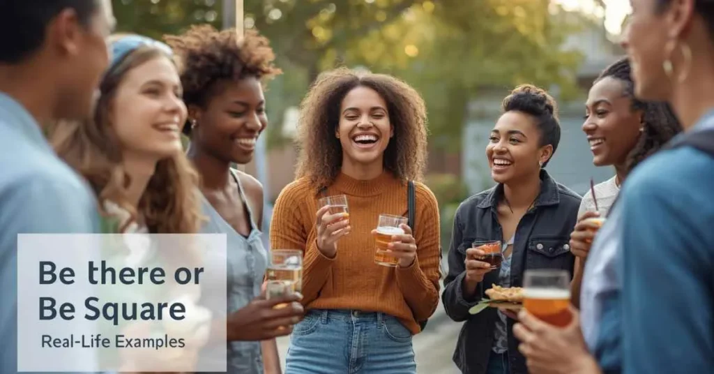 Friends enjoying a casual outdoor party, illustrating the idiom ‘Be There or Be Square’ with real-life example of social gathering