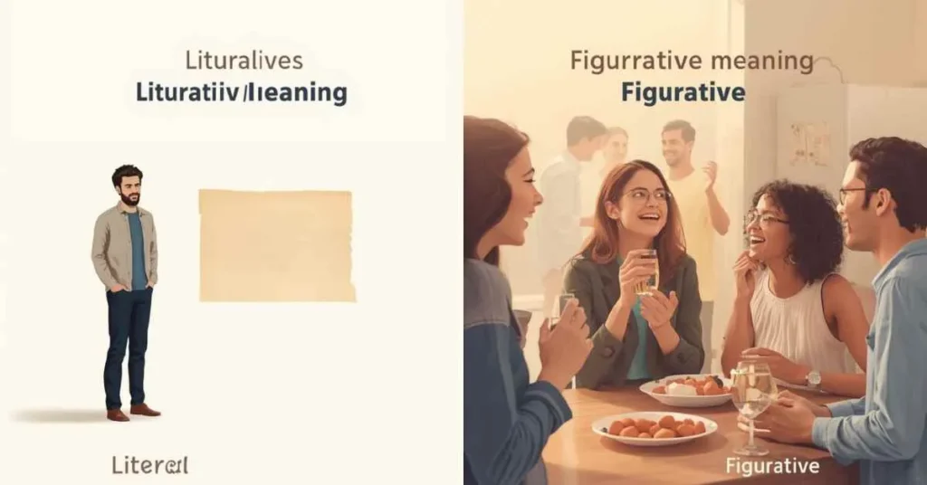 Literal vs figurative meaning of 'Be There or Be Square' showing a square shape and friends at a party