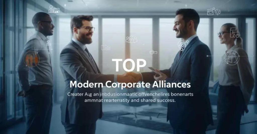 Business leaders from different companies collaborating, symbolizing top modern corporate alliances and strategic partnerships.