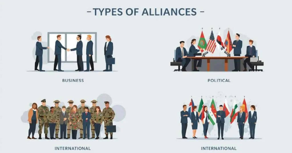 Four types of alliances: business, political, military, and international, showing collaboration and teamwork.  