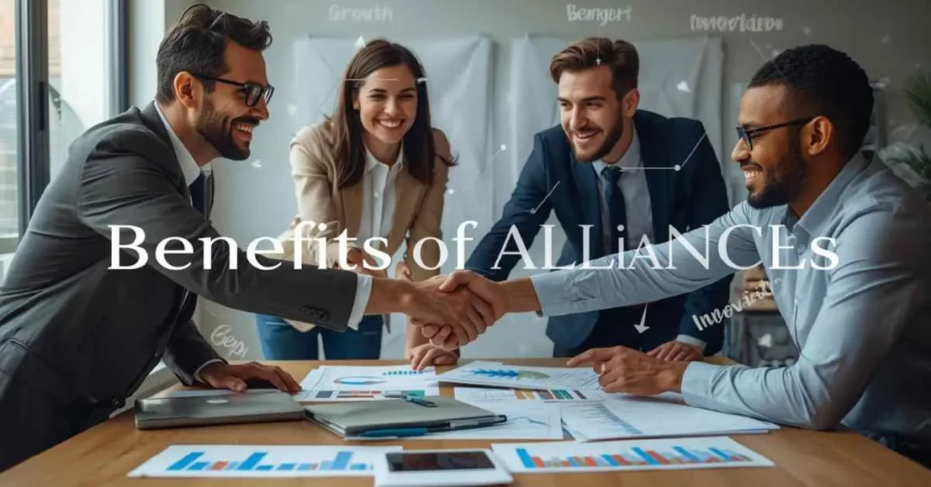 Diverse professionals collaborating and supporting each other, showing benefits of alliances and teamwork.  