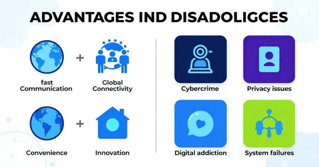 advantages and disadvantages of cyber technology with icons for communication, innovation, and cyber threats