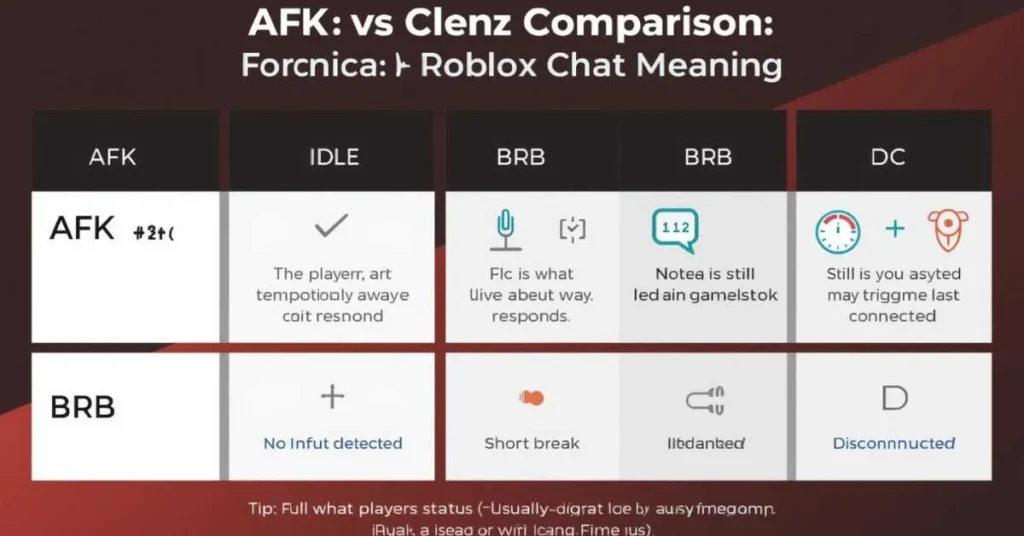AFK vs idle vs BRB vs DC comparison chart for Roblox chat showing meanings,