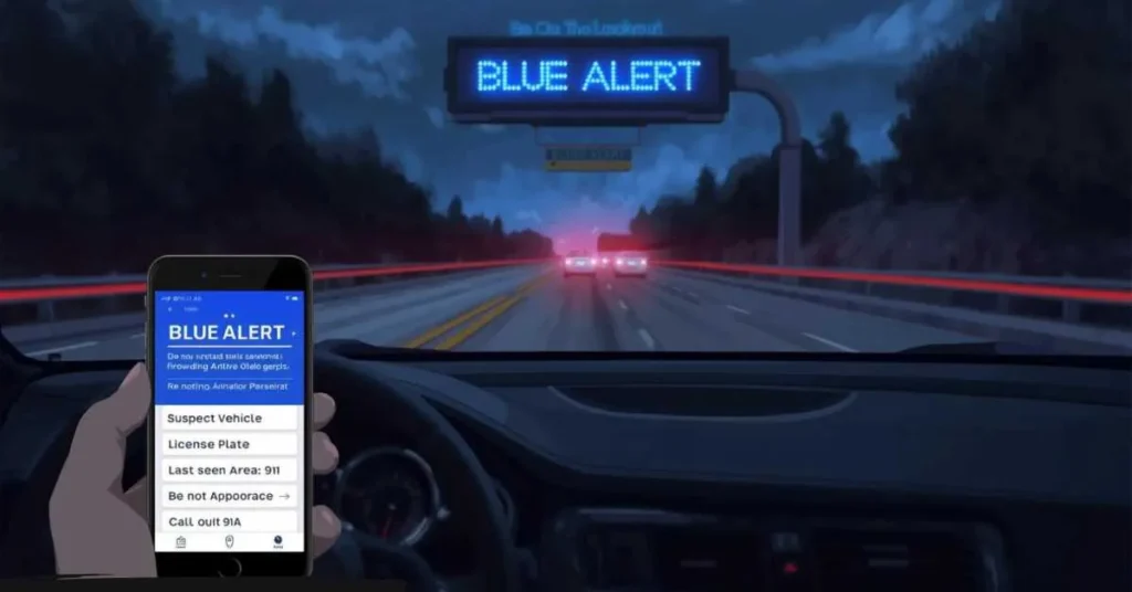 Blue Alert notification on a phone showing suspect vehicle details.