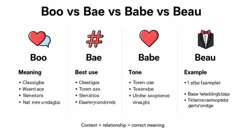 comparing boo vs bae vs babe vs beau meanings and examples