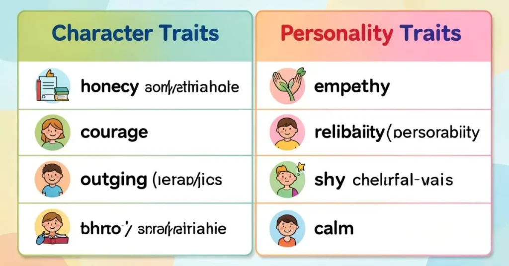 Comparison table of character traits and personality traits with examples