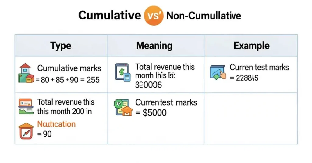 Comparison chart of Cumulative vs Total vs Non-Cumulative with examples