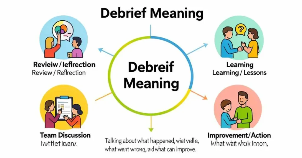 Debrief meaning explained in simple words with icons for reflection, learning, discussion, and improvement