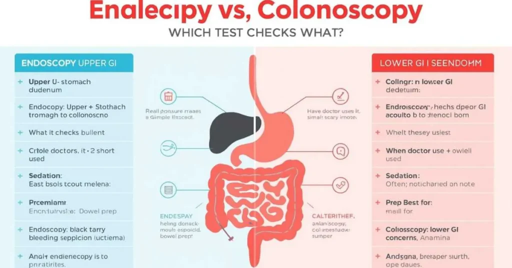 Endoscopy vs colonoscopy comparison showing which parts of the digestive tract each test examines.