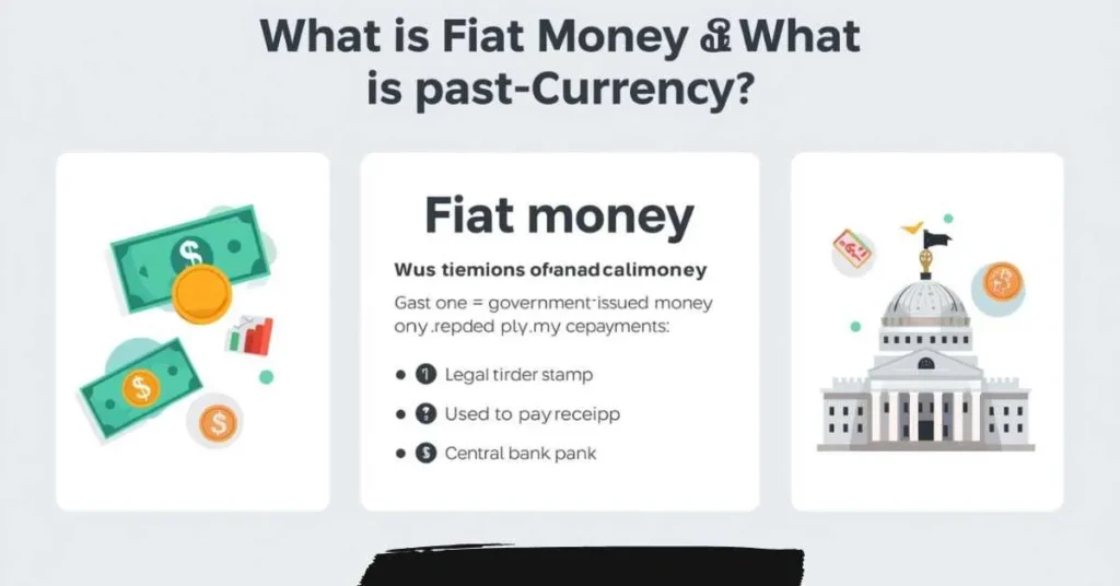 Fiat money vs fiat currency infographic showing legal tender, taxes, and central bank role.