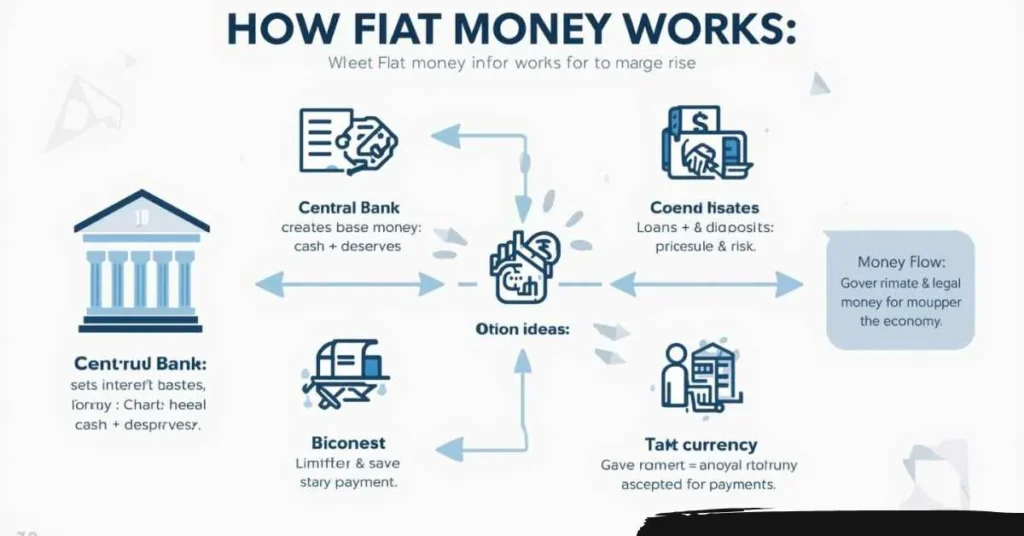 Diagram showing how fiat money is created by central banks, commercial bank lending, and government spending and taxes.