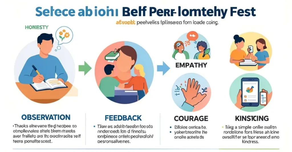 showing steps to identify character traits like honesty, empathy, and responsibility through self-reflection, feedback, and journaling.