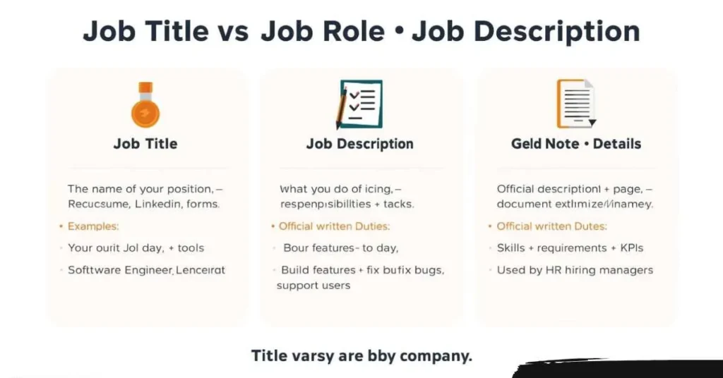 Job title vs job role vs job description infographic showing name, daily work, and official duties.