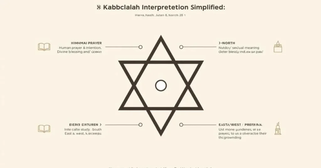 Infographic showing hexagram meaning in Kabbalah: protection, heaven and earth unity, and six directions.