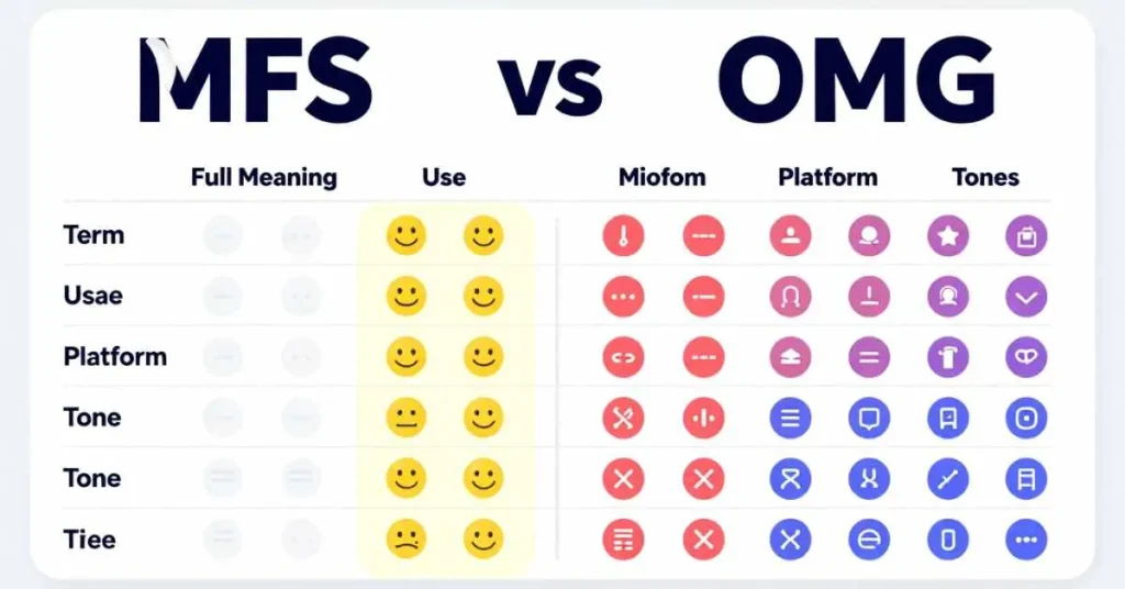 Comparison chart of MFS vs MF, WTF, OMG showing meanings, usage, platforms, and tone