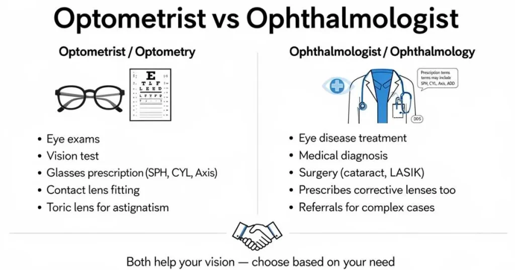 Optometrist vs ophthalmologist roles comparison infographic