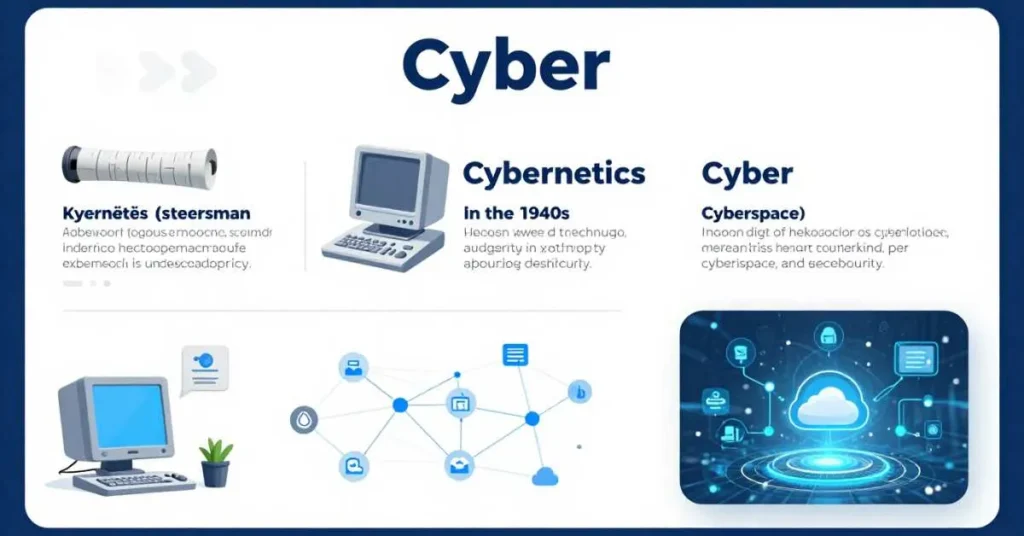 Infographic showing the origin and evolution of the term Cyber from Greek to modern digital technology