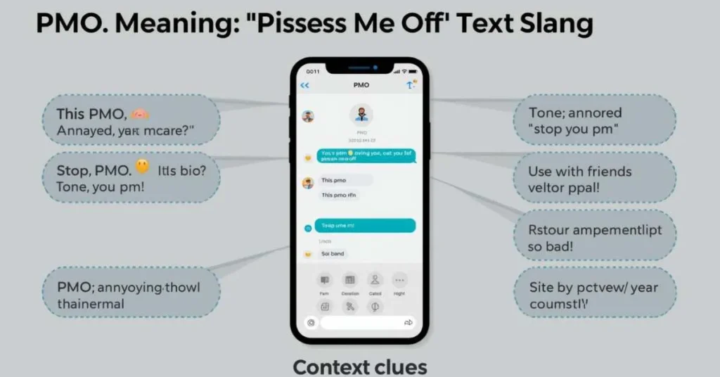 Infographic showing PMO meaning “pisses me off” in texting with example chat messages and context clues.