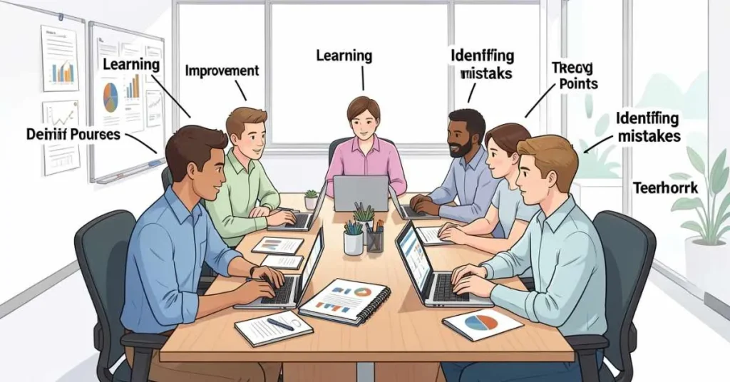 Team debrief session showing purpose, learning, improvement, and identifying mistakes in a project meeting