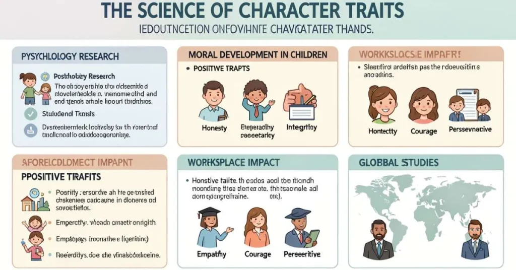Infographic showing psychology and research insights on positive character traits like honesty and empathy.