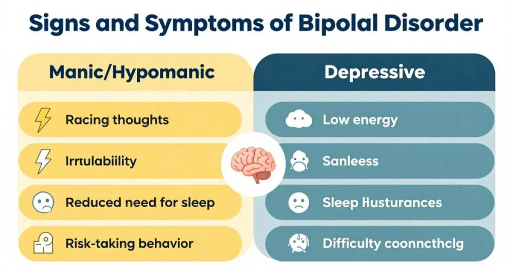 Infographic showing manic and depressive symptoms of bipolar disorder.