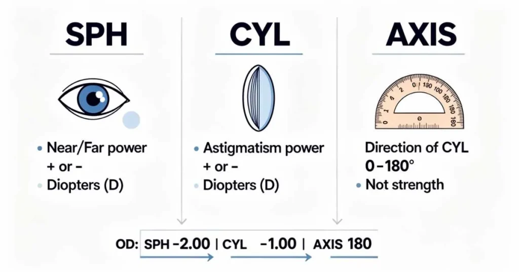 Infographic showing SPH vs CYL vs Axis on a glasses prescription