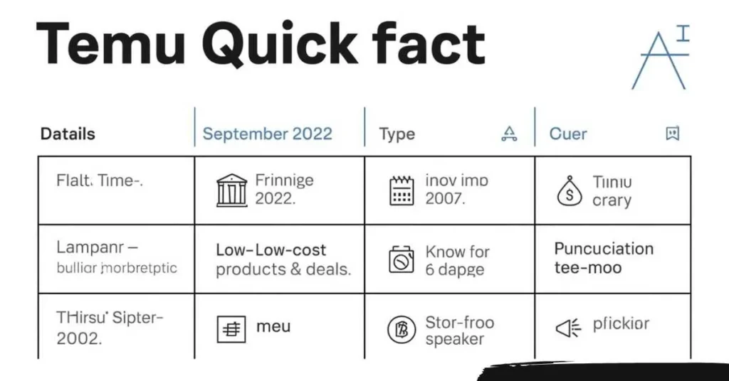 Temu quick facts table with launch date, owner, and pronunciation.
