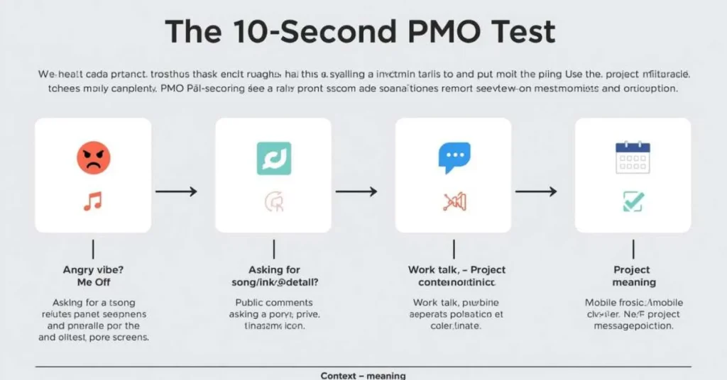 10-second PMO test flowchart showing PMO meanings: pisses me off, put me on, private message only, project management office