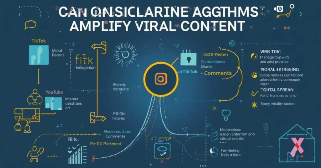 Infographic showing how social media algorithms make content go viral on TikTok, Instagram, YouTube, and X.