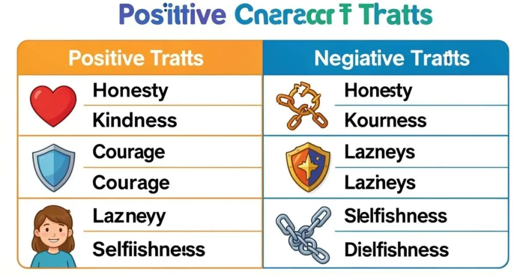 Infographic showing positive and negative character traits in a clear table