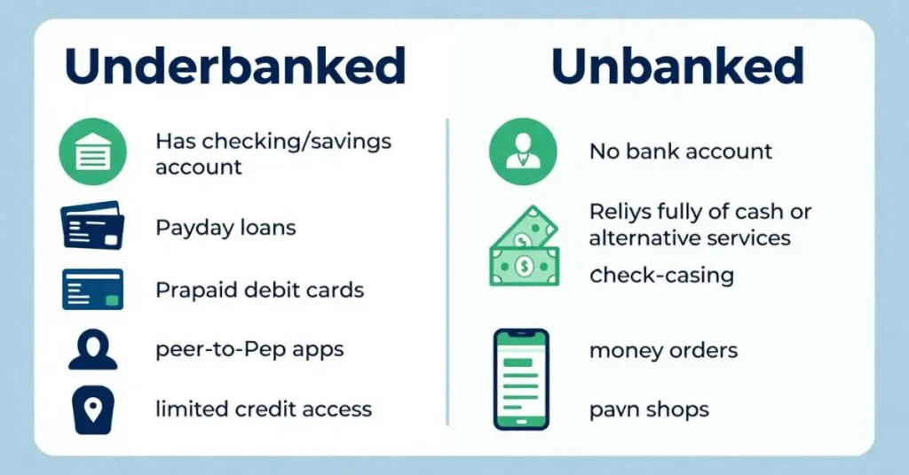 Infographic comparing underbanked vs unbanked individuals and their financial services usage