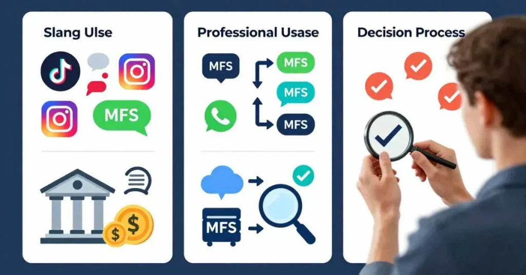 Infographic showing how to understand MFS meaning in slang, text, and professional context