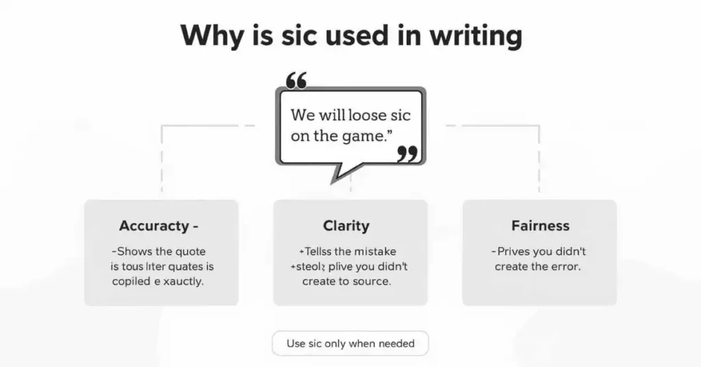 Infographic showing why writers use [sic] for accuracy, clarity, and fairness in quotes.