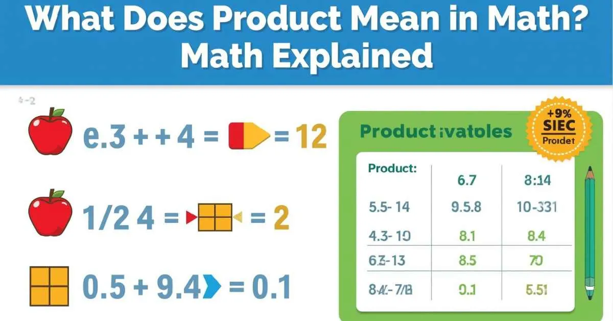 Illustration of multiplication showing factors and product with numbers, fractions, and decimals for kids and students