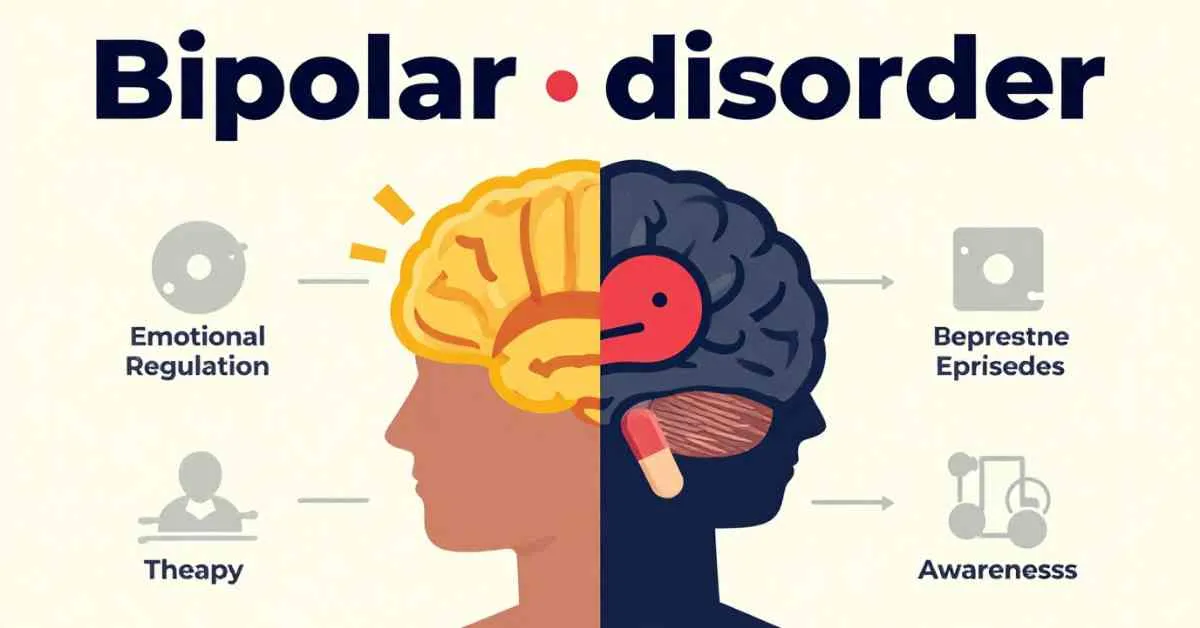 Illustration of bipolar disorder showing emotional highs and lows with therapy and mental health symbols