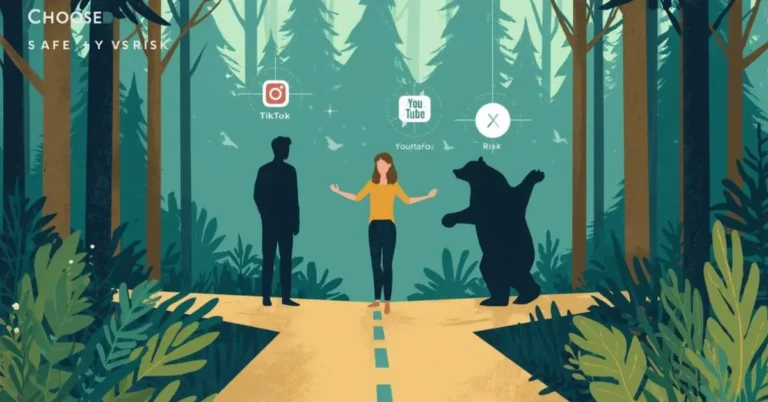Woman choosing between bear and man in forest, social media trend illustration