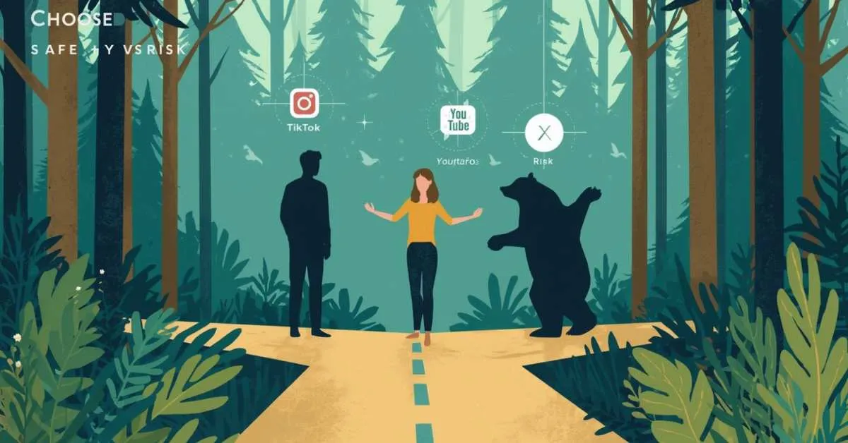 Woman choosing between bear and man in forest, social media trend illustration