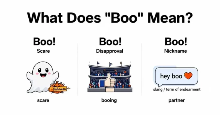 showing boo meaning: scare “Boo!”, crowd booing, and “hey boo” as a slang nickname.