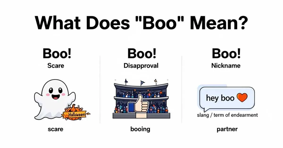 showing boo meaning: scare “Boo!”, crowd booing, and “hey boo” as a slang nickname.