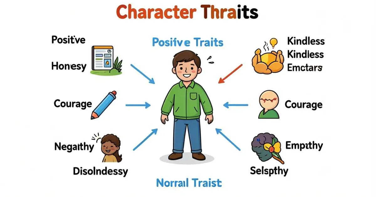 Illustration showing positive and negative character traits, including honesty, kindness, courage, empathy, and responsibility.
