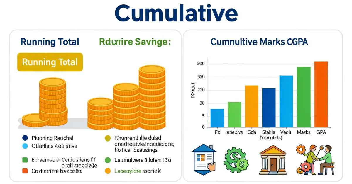 Infographic explaining cumulative meaning with charts, savings, GPA, and statistics icons