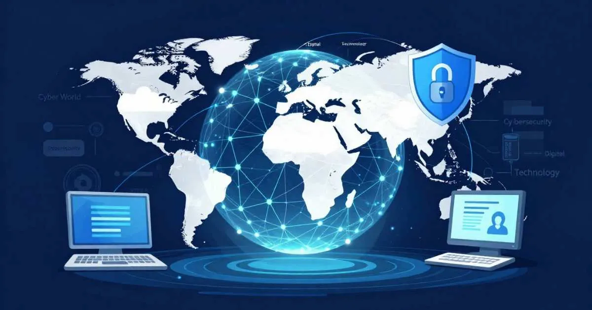 Digital illustration showing cyber world, cybersecurity, and digital technology connections