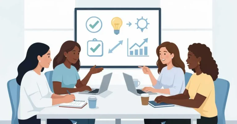 team discussing ideas in a debrief meeting for learning and improvement