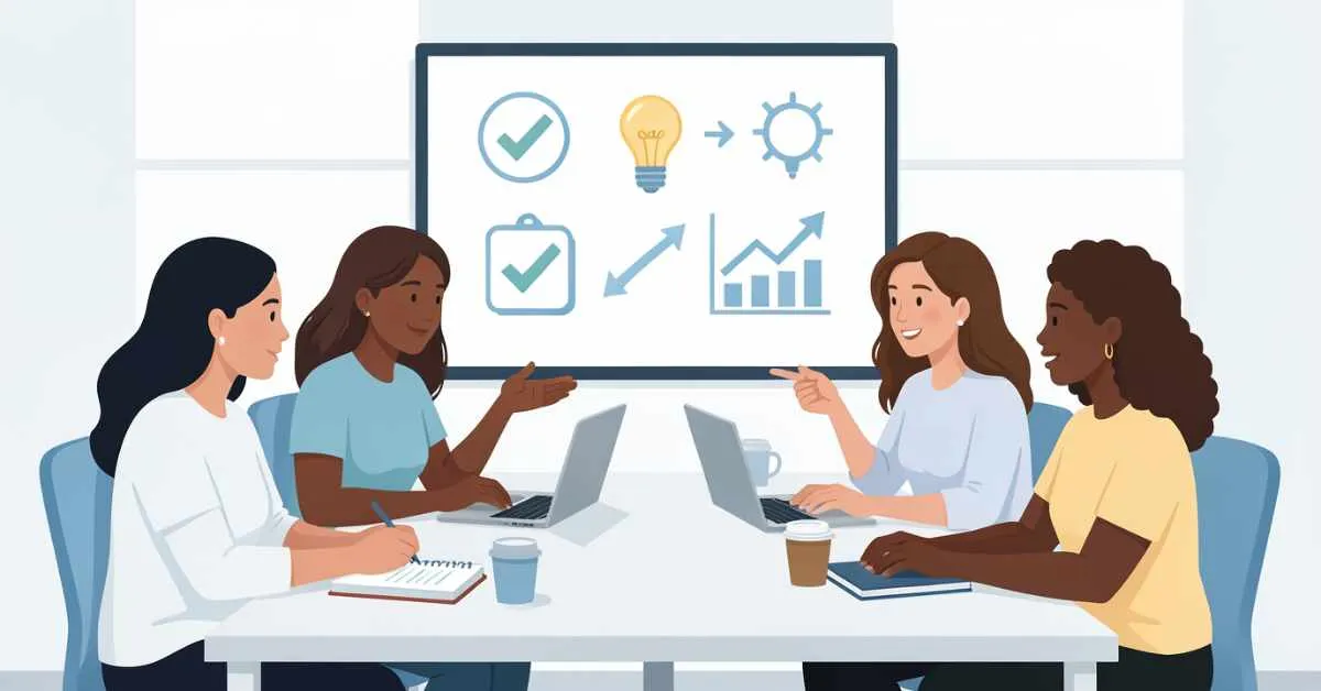 team discussing ideas in a debrief meeting for learning and improvement