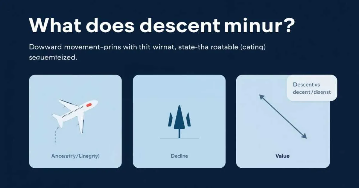 descent meaning: airplane going down, family tree ancestry, and a falling value chart