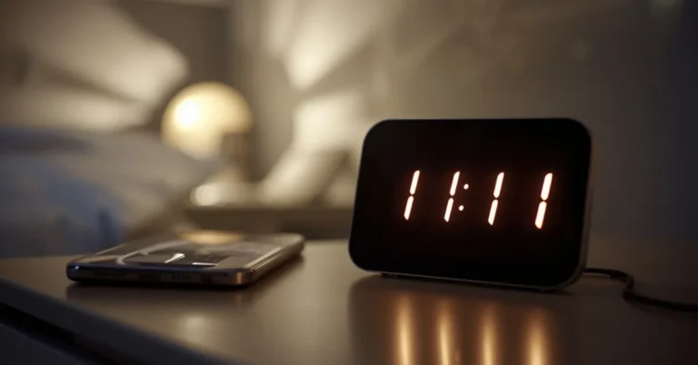 Digital clock showing 11:11 with calm spiritual background