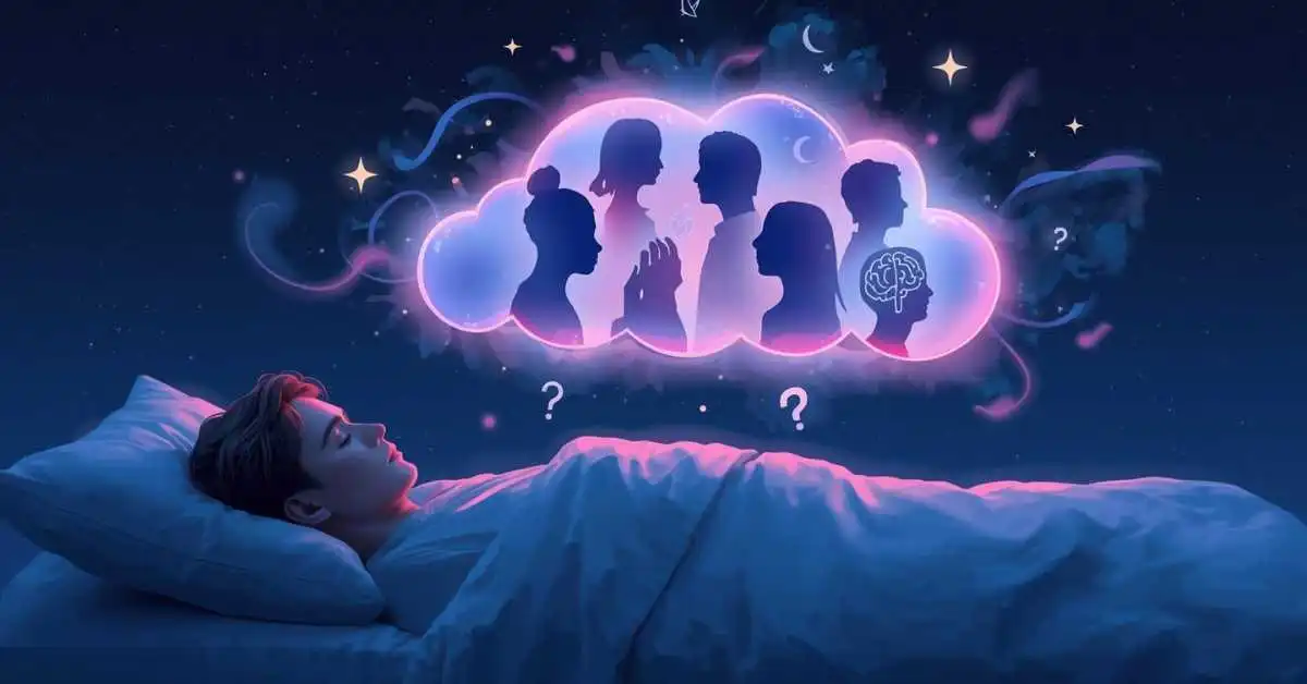 Sleeping person with dream symbols