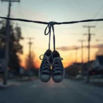 Sneakers hanging on power lines
