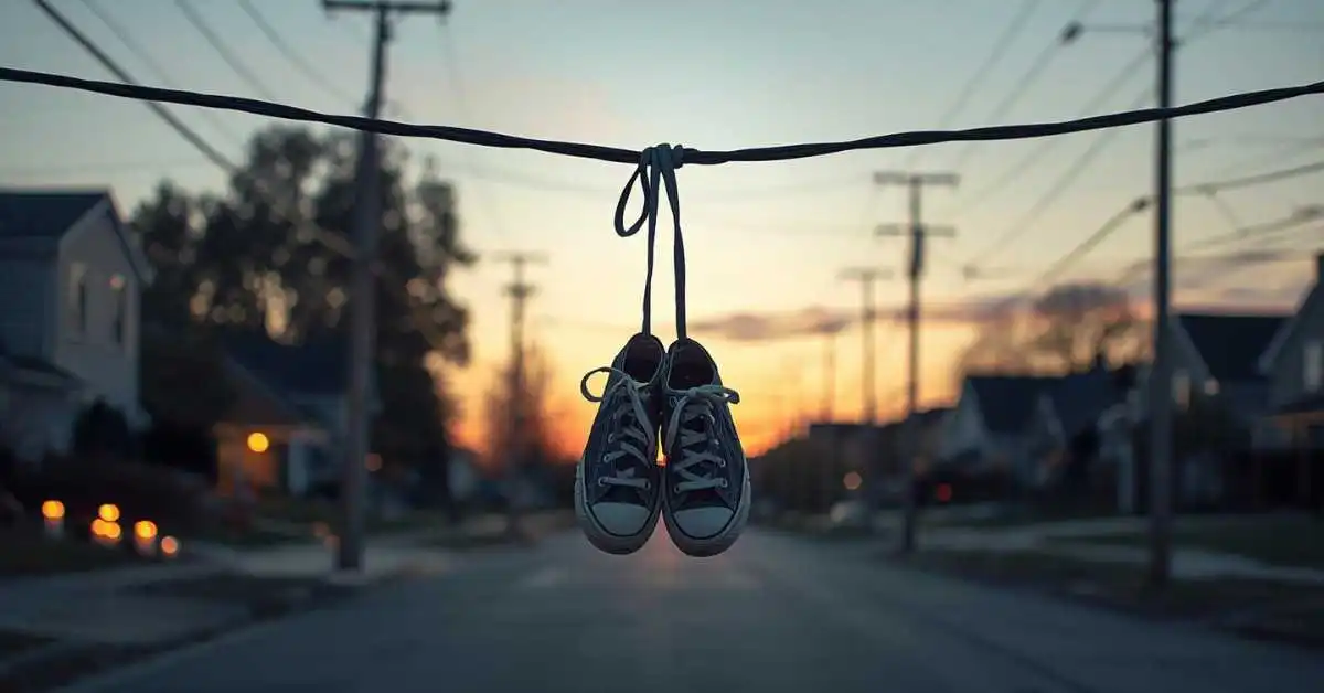 Sneakers hanging on power lines