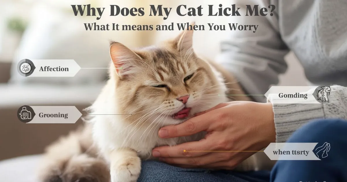 Cat licking owner’s hand gently indoors